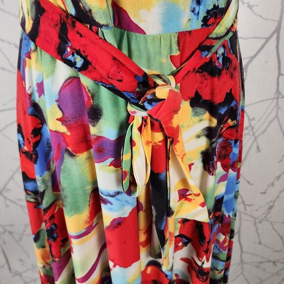 Tristan Colorful Watercolor Floral Stretch Knit Faux Wrap Midi Dress - Picture 2 of 5